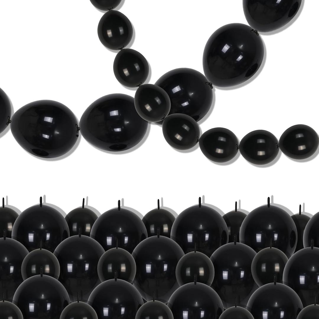 Black Linking Balloons, 120PCS Linked Balloon with Tail for Balloon Wall Arch and Chains, Quick Linkable Balloons for Wedding Birthday Baby Shower Engagement Graduation Party Decorations (6+10inch)