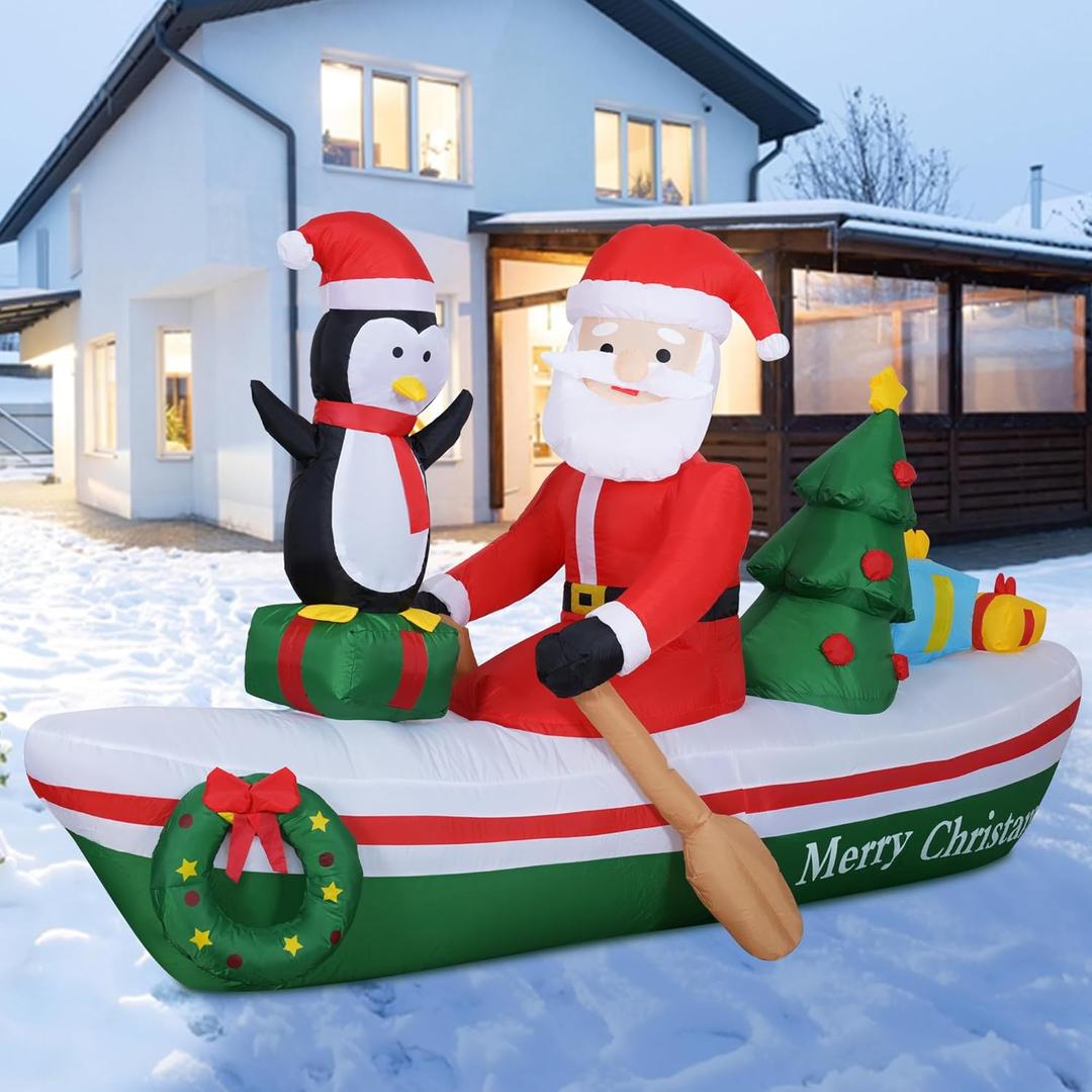 Double Couple 7FT Christmas Inflatable Santa Rowing Boat with Penguin/Christmas Tree/Gifts/Garlands Xmas Blow Up with Build-in LEDs Lights for Outside Indoor Party Garden Lawn