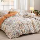 Bedsure Duvet Cover Queen Size - Reversible Floral Duvet Cover Set with Zipper Closure, 3 Pieces Bohemian Orange Bedding Set with 8 Corner Ties and 2 Pillow Shams 20"x26"