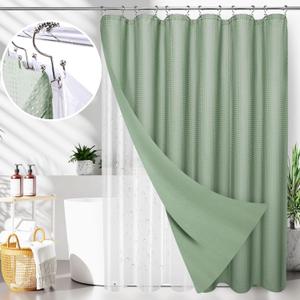 3 in 1 Waterproof Waffle Weave Shower Curtain and Clear Liner Set with 12 Stainless Steel Hooks Double Sided for Bathroom 72 Inches Heavy Duty Polyester Fabric Shower Curtains 72x72 (72"W x 72"L (Pack of 1), Green)