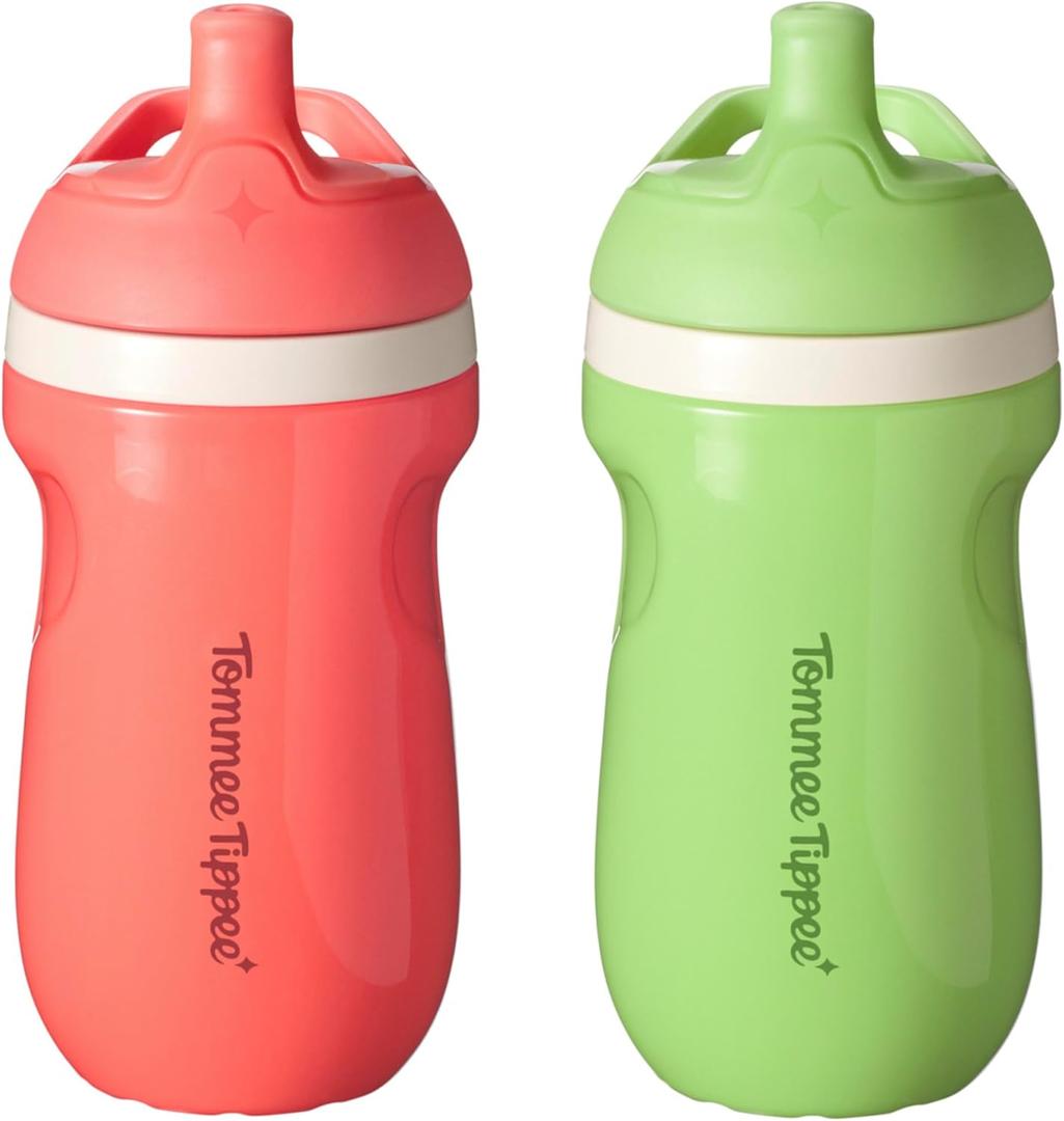 Tommee Tippee Insulated 9oz Sporty Spout Toddler Water Bottle, No Spill, Sippy Cups for Toddlers 1-3, Two-Piece Valve Helps Stop Spills, Green & Red, BPA Free, Pack of 2