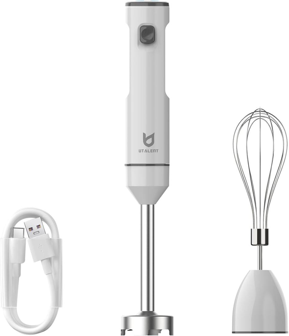 Cordless Hand Blender, UTALENT Variable Speed Immersion Blender Handheld Rechargeable, with USB-C Charging Cable, Egg Whisk, for Smoothies, Milkshakes, Hummus and Soups White