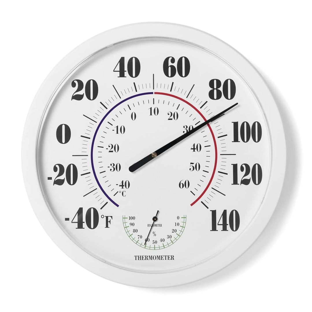 Indoor Outdoor Thermometer Wall Large Numbers Thermometer No Battery 10" Hanging Digital Weather Hygrometers for Home Garden Outside Patio Decor (White)