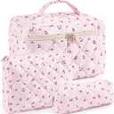 UUYUUY Makeup Bag for Women 3PCS Quilted Cotton Make Up Bag Travel Cosmetic Bag Large Makeup Bag Set Cute Makeups Organizer Floral Toiletry Pouch for Purse, Mini Cherry
