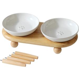Raised Ceramic Wide Whisker Friendly Cat Dishes, Anti-Slip Food& Water Bowl with 2 Style Stand Adjustable Pet Bowl Set(2Dish+Stand, White)