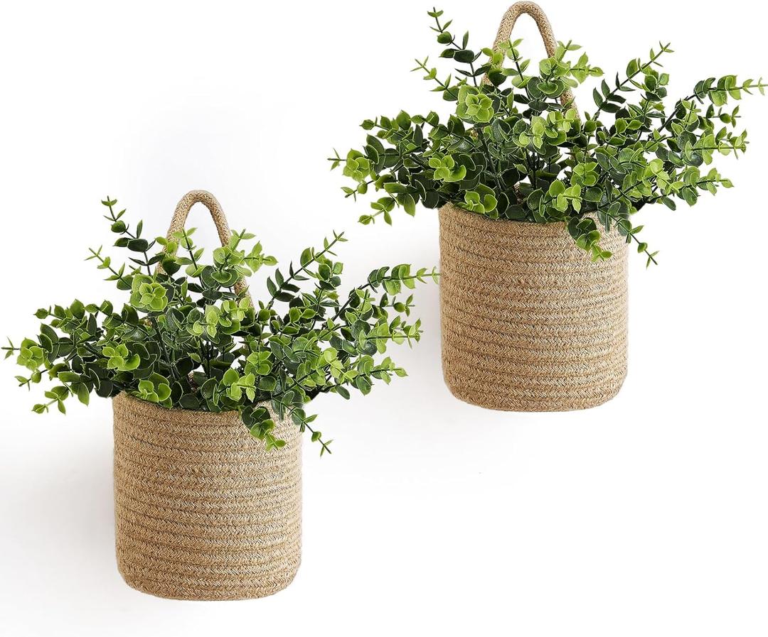 Dahey 2 Pack Wall Hanging Rope Basket (5.5"W6.2"H) with Artificial Eucalyptus, Jute Woven Storage Organizer Flower Plants Basket Farmhouse Rustic Wall Decor for Porch Living Room Bedroom Entryway