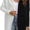 Womens Hooded Long Cardigan Color Block Open Front Knit Cardigan Oversized Lightweight Knit Sweater Outwear (S)