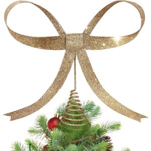 HUTHDAK Large Glitter Champagne Gold Bow Christmas Tree Topper,9.4 Inch Metal Tree Topper,Champagne Gold Bow Christmas Decorations for Xmas Home Decor Holiday Party Indoor Outdoor Shop Office
