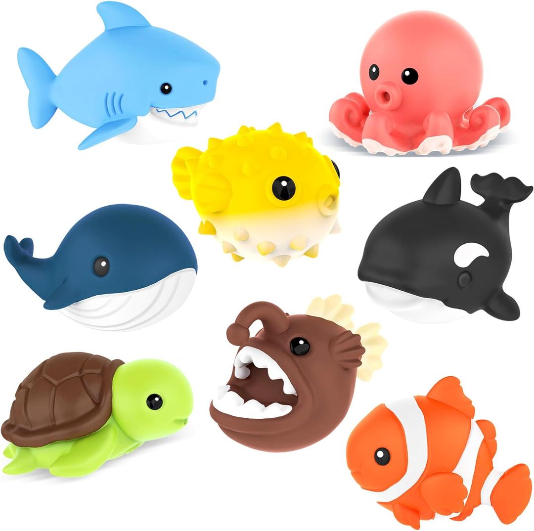 8 PCS Ocean Animal Bath Toys Mold Free Infant Bath Tub Toys for 12 Months - No Hole Bathtub Toys for Toddlers 1-3 Water Pool Toys for Baby Toddler Ages 1+