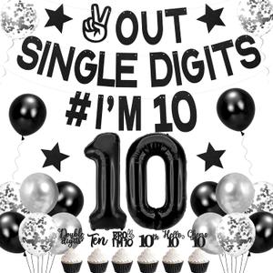 Holkcog Black 10th Birthday Decorations, Out Single Digits I’m 10 Banner, Cheers to 10 Years Party Supplies, Number 10 Ballons, Black 10th Birthday Cupcake Toppers, Ten Years Gifts for Boy Girl
