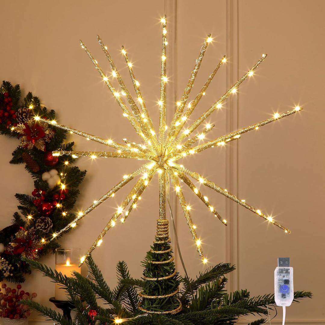 HMASYO 15 Inch Twinkling Starburst Christmas Tree Star Topper, 19-Point Gold Star Tree Topper with 150 LED, Remote Control & Timer, USB Power for Indoor Home Holiday Party Xmas Tree Decoration