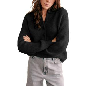 Bianstore Womens Casual Long Sleeve Crewneck Button Down Cardigan Chunky Knit Open Front Sweater Tops (X-Small, Black)