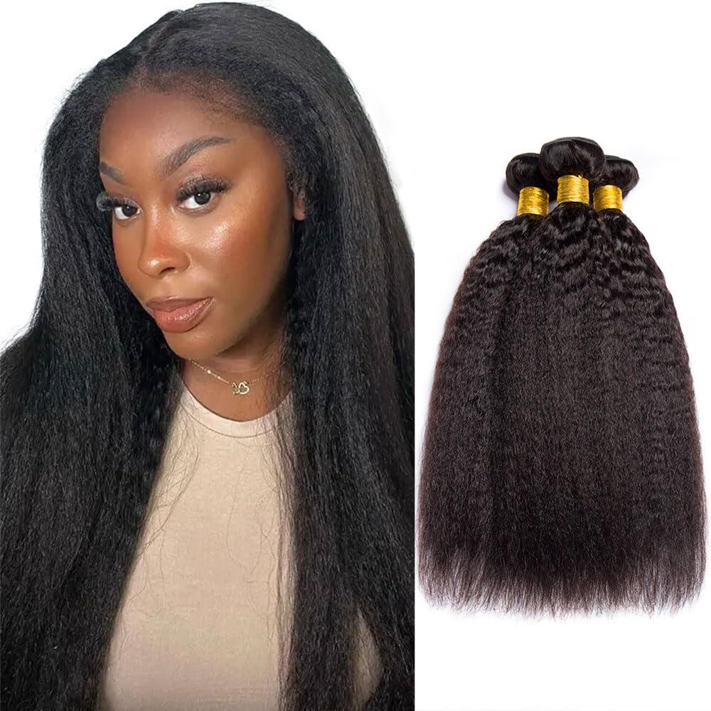 Kinky Straight Bundle Color #1B Human Hair Bundles Peruvian Unprocessed Virgin Yaki Straight Bundles Human Hair Quick Weave 16 18 20 Inch