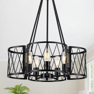 20.8'' Farmhouse Chandelier, 5-Light Rustic Black Chandeliers for Dining Room, Industrial Metal Hanging Light Fixture, Vintage Drum Pendant Lights for Living Room, Bedroom, Kitchen, Entryway