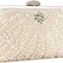 UBORSE Women Pearl Clutch Bag Noble Crystal Beaded Evening Bag Wedding Clutch with Pearl Chain (Cream-coloured)