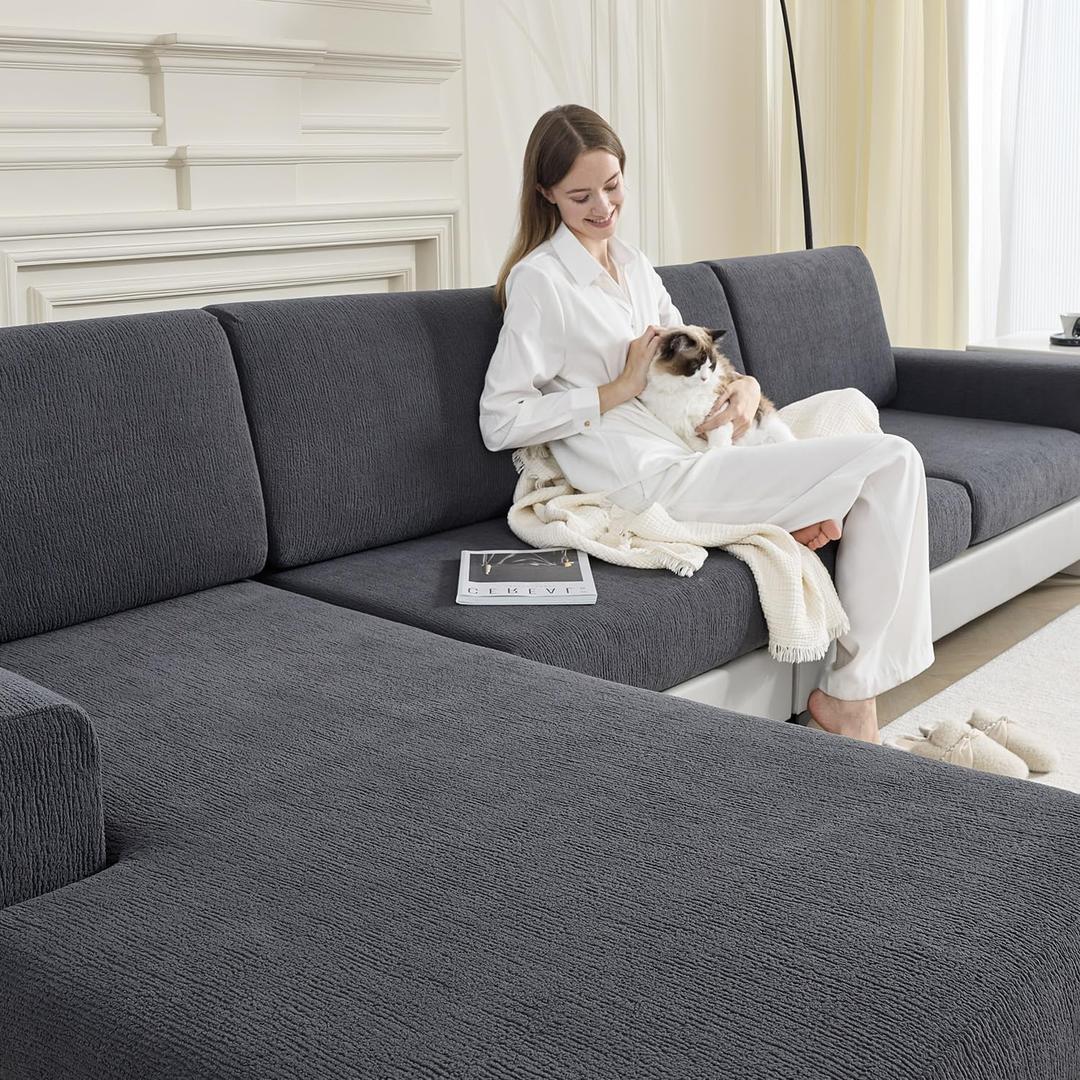 Sectional Couch Covers Stretch Cushion Covers Washable Wear-Resistant Universal Sofa Slipcovers Furniture Protector Separate Seat Chaise Couch Cover (Dark Grey, 2 PC Armrest Covers)