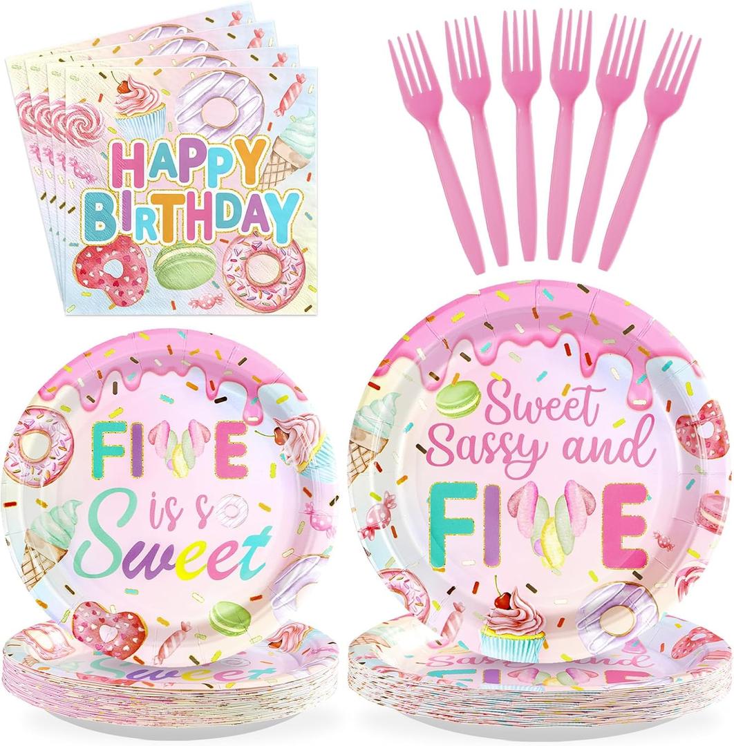 96 Pcs Sweet Sassy and 5 Birthday Decorations Donut 5th Birthday Party Decorations for Girls Colorful Donut Plates and Napkins 5 Years Old Disposable Party Supplies Serves 24