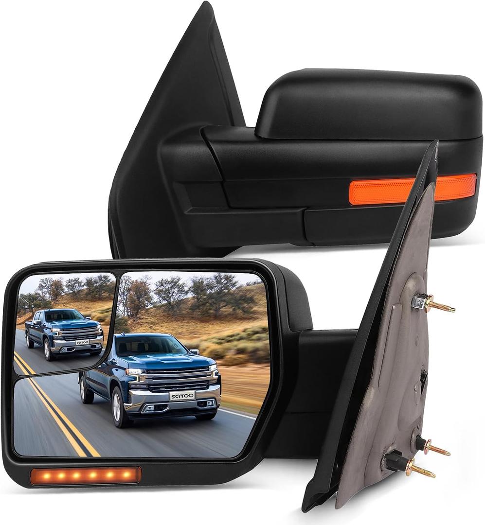 SCITOO Towing Mirrors fit 2004-2014 for Ford for F150 Pickup Black Tow Mirror Pow Heated LED Turn Signal Puddle Light, 47 cm x 48 cm x 37 cm