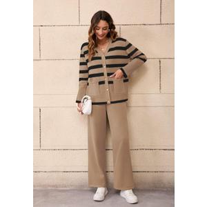 Viottiset Women's 2 Piece Outfits Stripe Sweatsuit Set Long Sleeve Button Sweatshirt Wide Leg Sweatpants Lounge Set XL