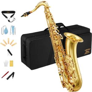 Eastar Tenor Saxophone, B Flat Golden Lacquer Beginner Kit with Cleaning Cloth, Case, Mouthpiece, Neck Strap, Reeds, TS-