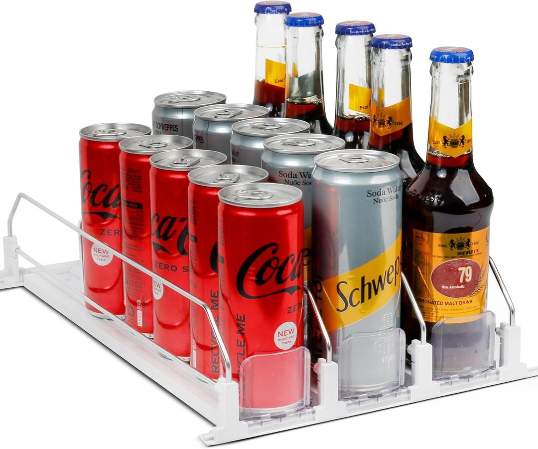 Dwella Drink Organizer for Fridge – 2-Tier Can Dispenser for Fridge, Self-Pushing Drink Dispenser Fridge, Adjustable Width Durable Soda Can Organizer for Refrigerator (2 pack)