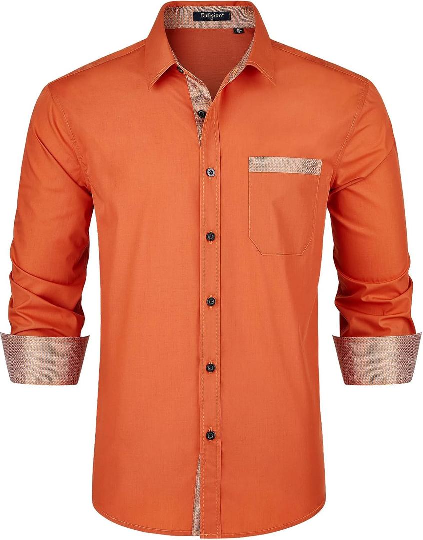 Enlision Dress Shirt for Men Button Down Long Sleeve Shirt Business Casual Inner Contrast Collar Wedding Shirts Regular Fit (Orange, L)
