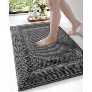 DEXI Bath Mats for Bathroom 16x24, Non Slip Washable Bathroom Rug, Thick Soft Chenille Absorbent Bathmat for Shower Floor, Fluffy Shaggy Carpet for Tub, Grey