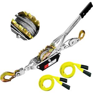 Come Along Winch 2-Ton with Two 1" x8FT Lifting Sling Heavy Duty Power Cable Come Along Tool with Dual Gears 7 Ft 2 Hooks Cable Winch Puller for Recovery Gear