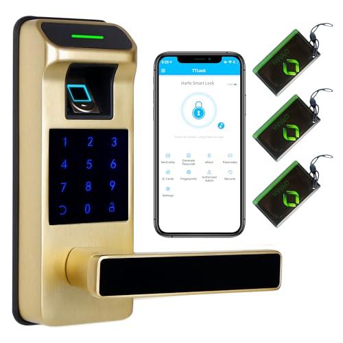 Harfo Fingerprint Door Lock, Heavy Duty Full APP Control Touchscreen Keypad Keyless Lock with Reversible Handle, Perfect for Home/Office/Bedroom Doors (Gold)