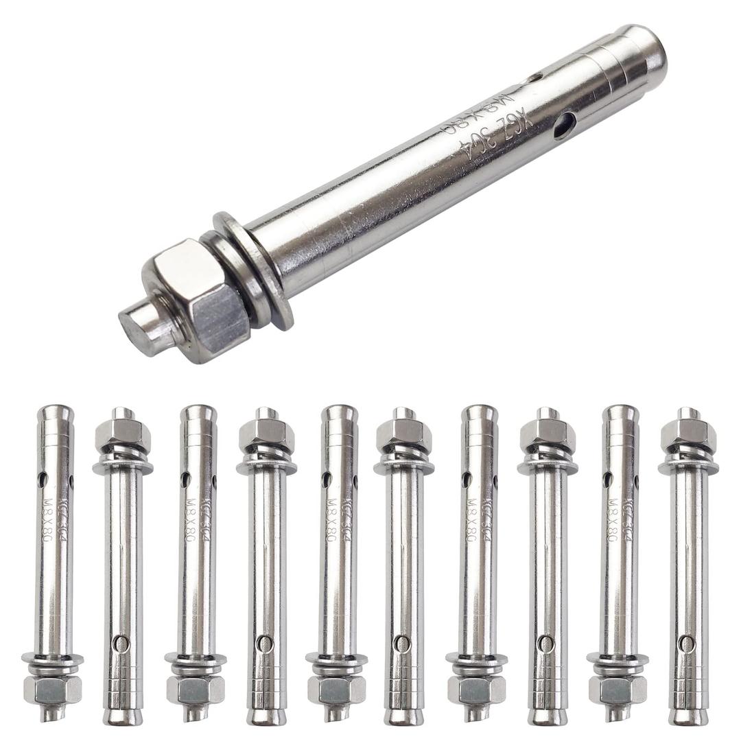 10 Pack M8x80mm Expansion Bolts Anchor Bolt 304 Stainless Steel External Hex Expansion Screw Bolt Sleeve Anchor Fastener Wall Concrete