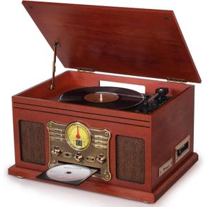 Bluetooth Record Player 10 in 1, 3-Speed Turntable for Vinyl with Speakers, LP to MP3 Converter, CD, Cassette Player, FM Radio, Wireless Streaming | Mahogany