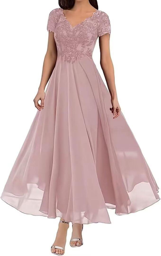 Mother of The Bride Dresses Tea Length Lace Appliques Chiffon Short Sleeve V Neck Formal Evening Dresses for Women (16, Dusty Rose)