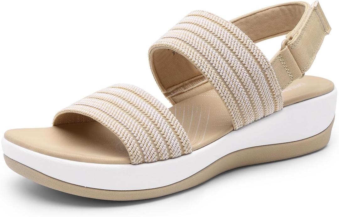 DREAM PAIRS Women's Walking Sandals Lightweight Soft Footbed Low Wedge Comfort Indoor Outdoor Flat Sandals, Size 8.5, Beige, DWUMFS2522