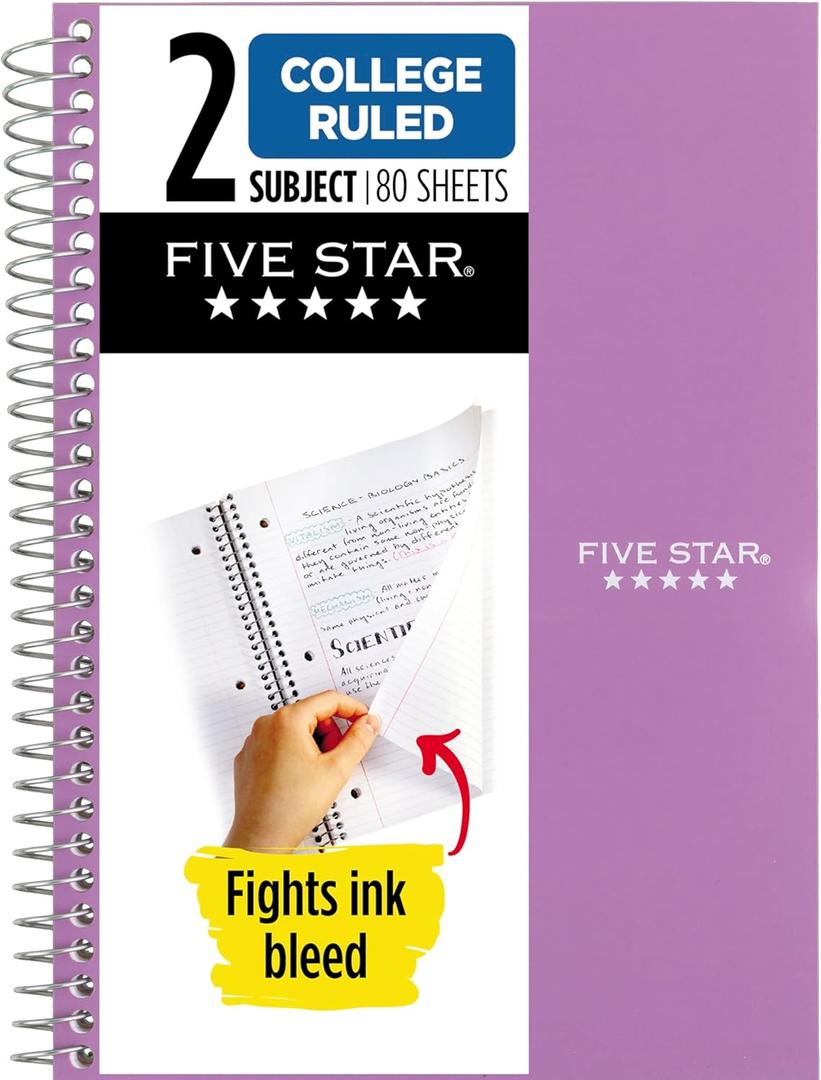 Five Star Spiral Notebook, 2 Subject, College Ruled Paper, 6" x 9-1/2", 80 Sheets, Fights Ink Bleed, Water Resistant Cover, Amethyst Purple (840029CF1-ECM)