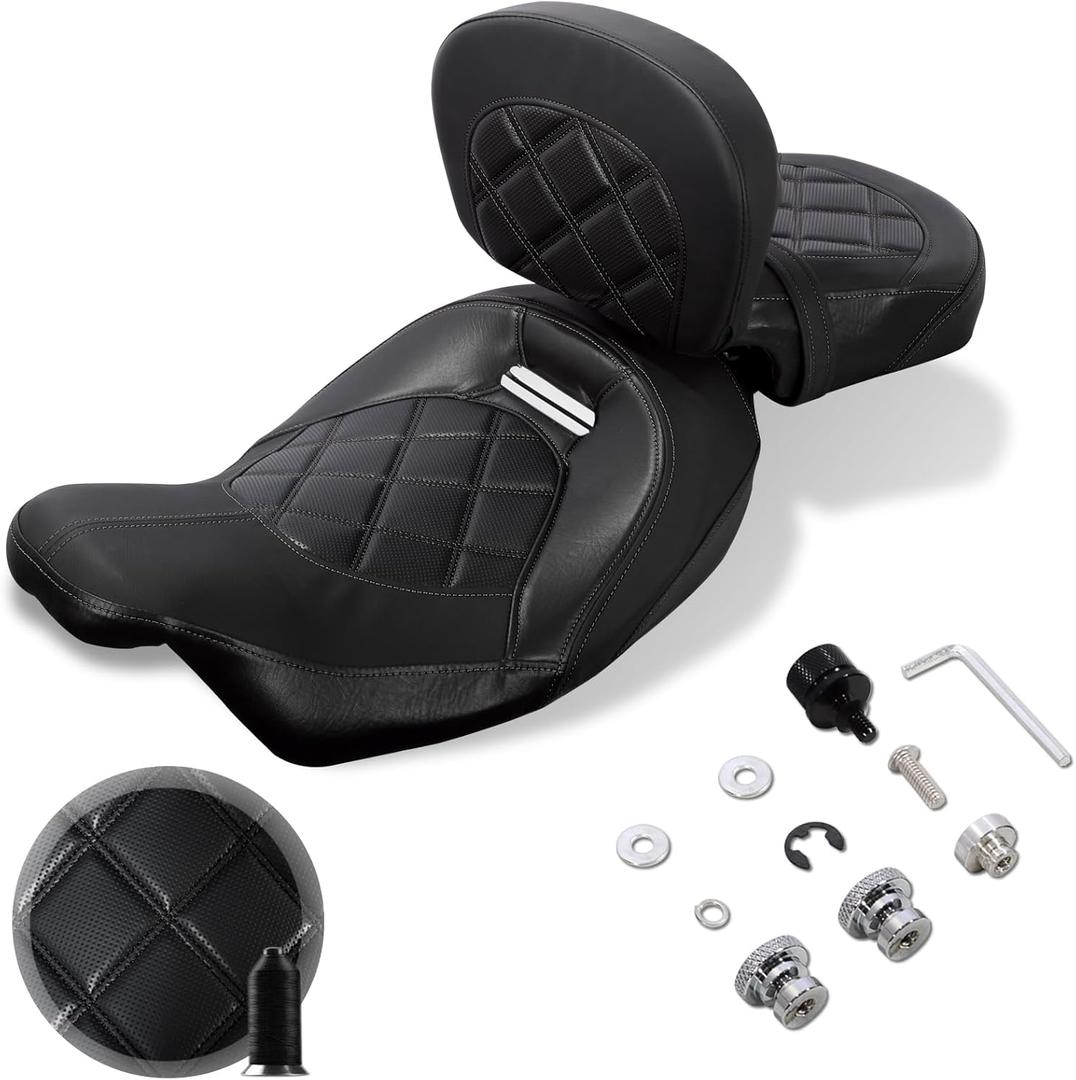 FOVPLUE Two-up Seat w/Rider Backrest, Low-Profile Driver Passenger Pillion Seat +Adjustable Backrest Pad for 2009-2024 Harley Touring CVO Road Glide Road King Street Glide Electra Glide FLHTKSE, BLACK FOVPLUE Two-up Seat w/Rider Backrest, Low-Profile Driver Passenger Pillion Seat +Adjustable Backrest Pad for 2009-2024 Harley Touring CVO Road Glide Road King Street Glide Electra Glide FLHTKSE, BLACK