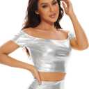 Women's Shiny Metallic Crop Tops Off Shoulder Tube Bra for Raves, Festivals, Costumes (S)