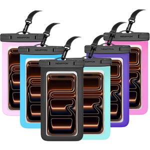 6 Pack 8.5" Waterproof Cell Phone Pouch - Underwater Dry Bag Case Lanyard - Water Proof Clear Holder Protector for iPhone 17 16 15 Pro Max Plus Samsung Galaxy S25 S24 Ultra Note for Beach Swimming (Black+Green+Blue+Pink+Purple+Magenta)