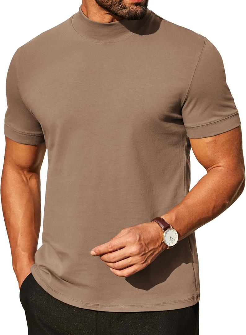 COOFANDY Mens Mock Turtleneck Shirts Casual Premium Cotton Short Sleeve Shirt 2025 Basic Half Neck T-Shirts (Large, Khaki)
