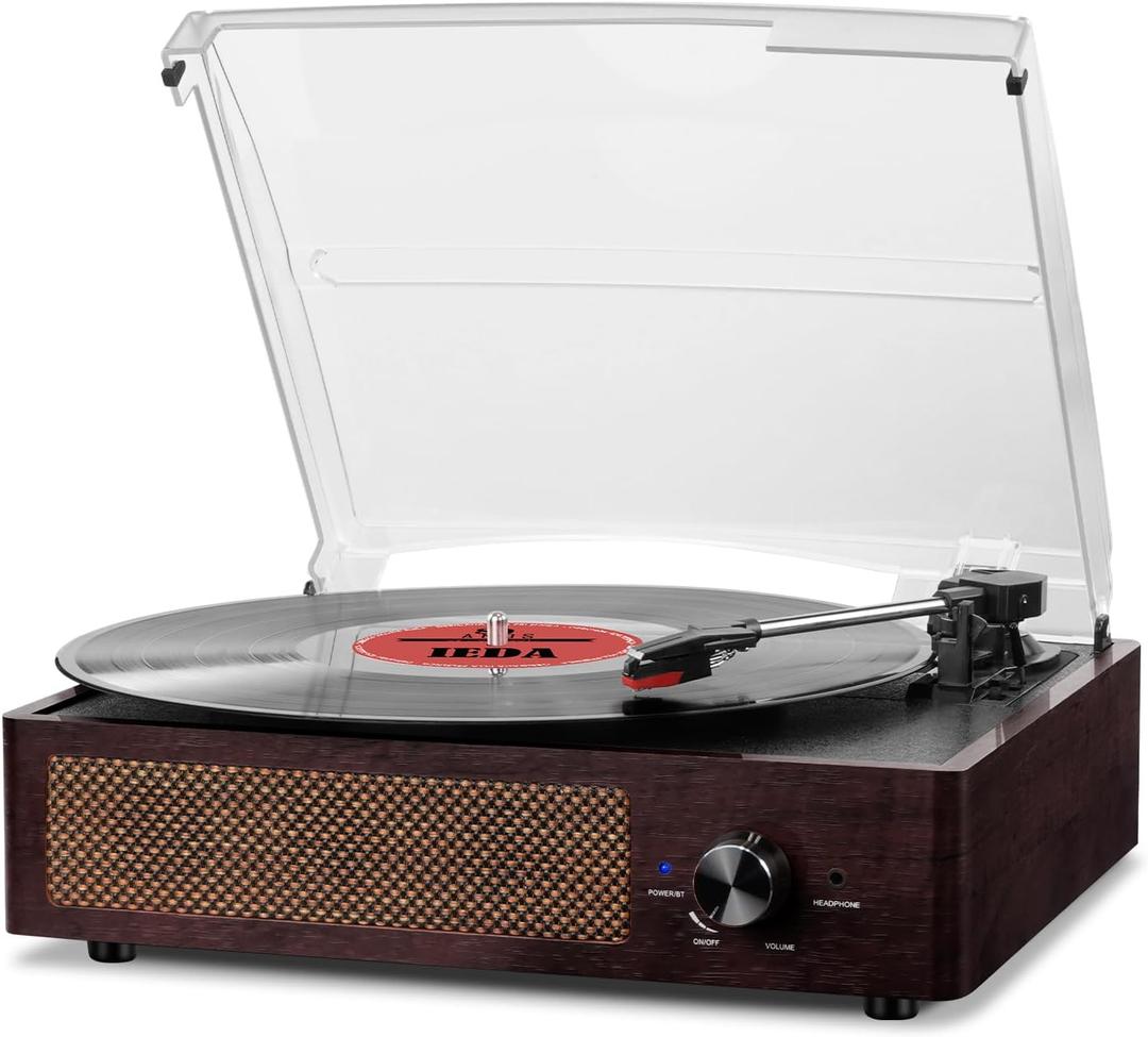 Vinyl Record Player Turntable with Built-in Bluetooth Receiver & 2 Stereo Speakers, 3 Speed 3 Size Portable Retro Record Player for Entertainment and Home Decoration (Brown)
