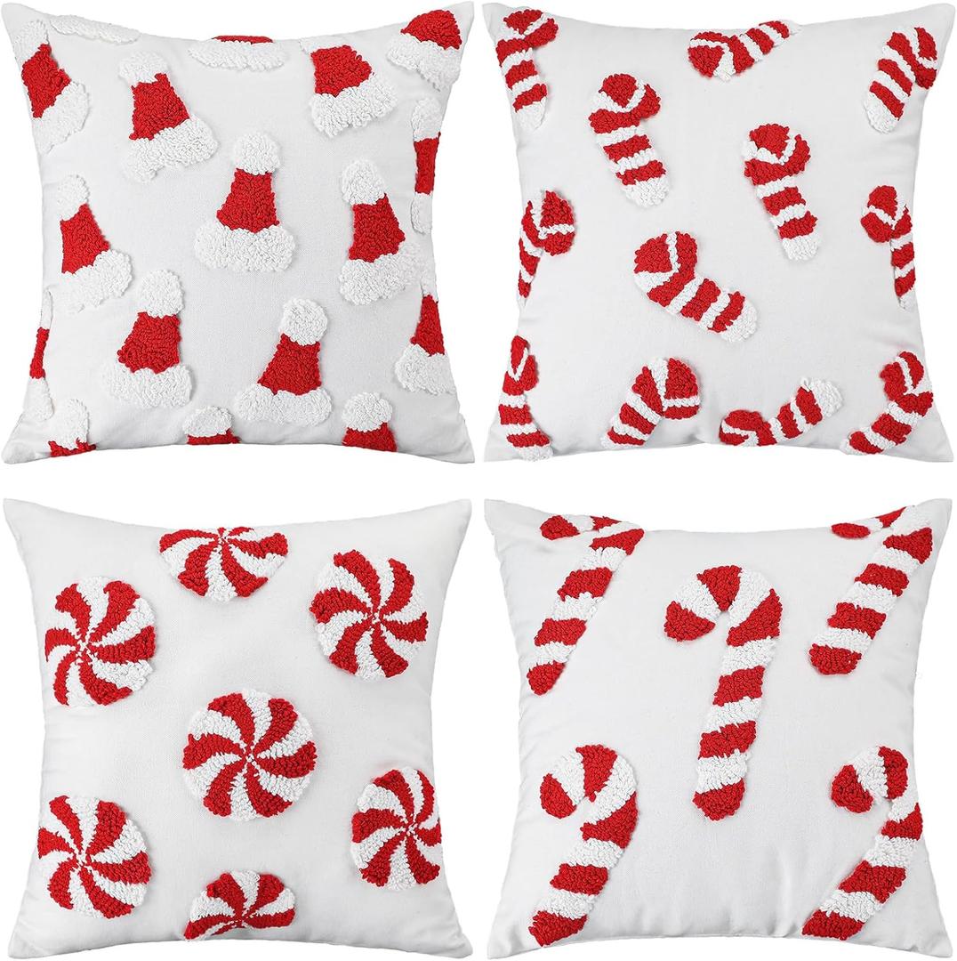 Christmas Trees Pillow Covers 18x18 Inch Double Sided Foil Plush White Red Green Soft Plush Faux Fur Christmas Throw Cushion Case for Sofa Living Room (4 Pcs, Candy Can, 18"18")