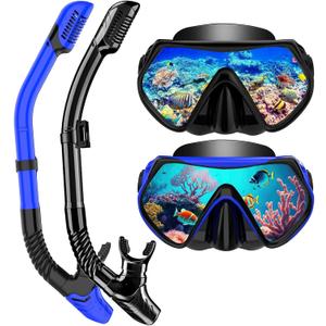 Snorkeling Gear for Adults, Dry-Top Snorkel Set Scuba Diving mask, 180Panoramic Wide View Professional Snorkeling Gear Breathing Freely Snorkel Mask (Blue+Black)