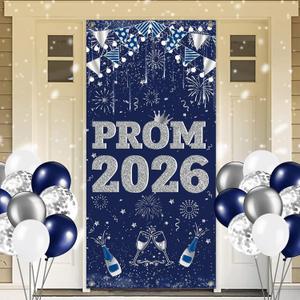 Prom Send off Decorations 2026 Door Banner, Royal Blue and Silver Prom Banner with Balloons, Front Porch Send Off Sign 2026 for High School College Graduation Party Decor