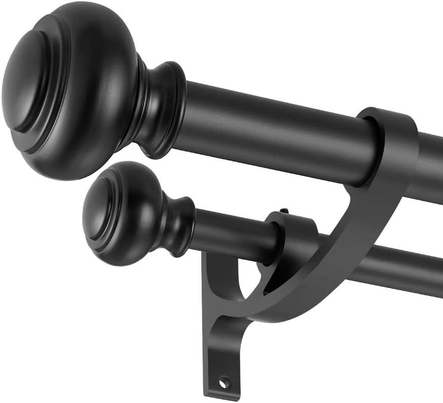 Matte Black Curtain Rods for Window 72 to 144 Inch, Decorative Double Drapery Rod With Urn Finials, 1-Inch Front and 5/8 Inch Back, Adjustable Dual Rods