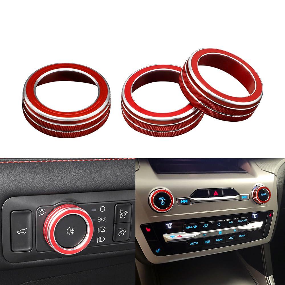 LECART Car Interior Accessories Fit for Ford Explorer 2024 2023 2022 2021 2020 VOL Tune Knob & Headlight Knob Covers Red Auto Decoration Stylish Metal Decal Decor Trims 3Pcs