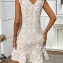 WDIRARA Women's Floral Textured Bow Tie Shoulder Short Dress Ruffle Sleeveless V Neck Tank Dresses (Beige, S)