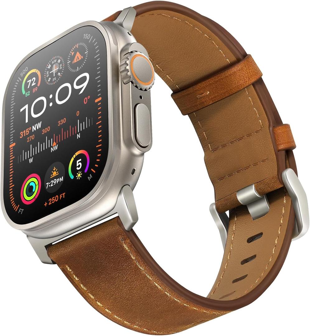 UUPWPOKT Leather Band Compatible with Apple Watch Ultra 3/2/1 Band 49mm 46mm 45mm 44mm 42mm Men, Genuine Leather Strap for iWatch Ultra Series 11 10 9 8 7 6 5 4 3 2 1 SE 3/2/1, Retro Brown/Titanium