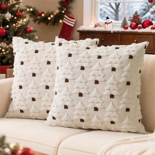 SLADPOEM Christmas Tree Pillow Covers 18x18, Set of 2 Christmas Decoration Cream Soft Plush Faux Fur Wool Throw Pillows, Winter Tree Pillowcases for Holiday Home Sofa Couch Bed Porch (Cream)