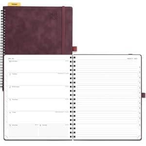 POPRUN Planner 2025-2026 Weekly Planner Notebook (Large 8.5''x 10.5'') Academic Calendar (JUL.25 - JUN.26) Appointment Book with Monthly Tabs, Spiral Soft Cover, Inner Pocket, 100 GSM - Claret
