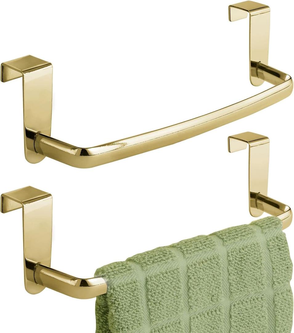 mDesign Steel Metal Wire Over Cabinet Towel Rack Storage Organizer - Hang on Cabinet or Door - Towel Bar Holder for Kitchen - Holds Hand Towels, Washcloths - Spira Collection - Soft Brass