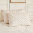 LIFEREVO 2 Pack Diamond Quilted Velvet Bed Pillowcases, Pom Poms Fringe Decorative Throw Pillow Shams Set of 2, Soft Bed Pillow Cases Zipper Closure for Teen's Girls Bedroom (Beige, Standard/Queen)